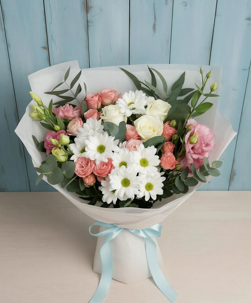 Букет цветов из: Розы, Лизиантусы и Хризантемы в Мишкинской