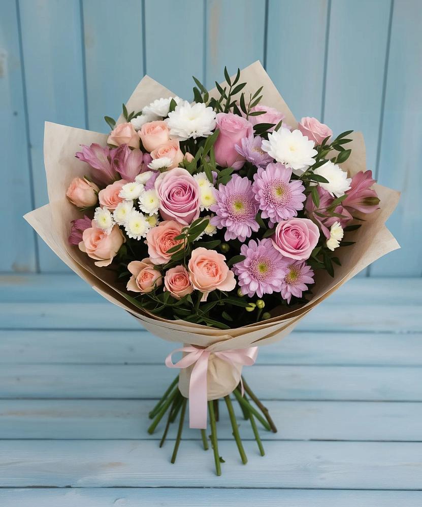 Букет цветов из: Хризантемы, Розы и Альстромерии в Мишкинской