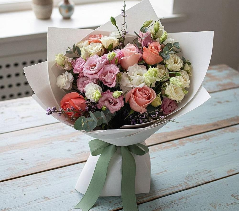 Букет цветов из: Розы, Лизиантусы и Гвоздики в Мишкинской