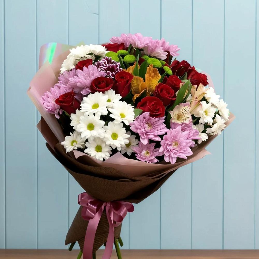 Букет цветов из: Розы, Хризантемы и Альстромерии в Мишкинской