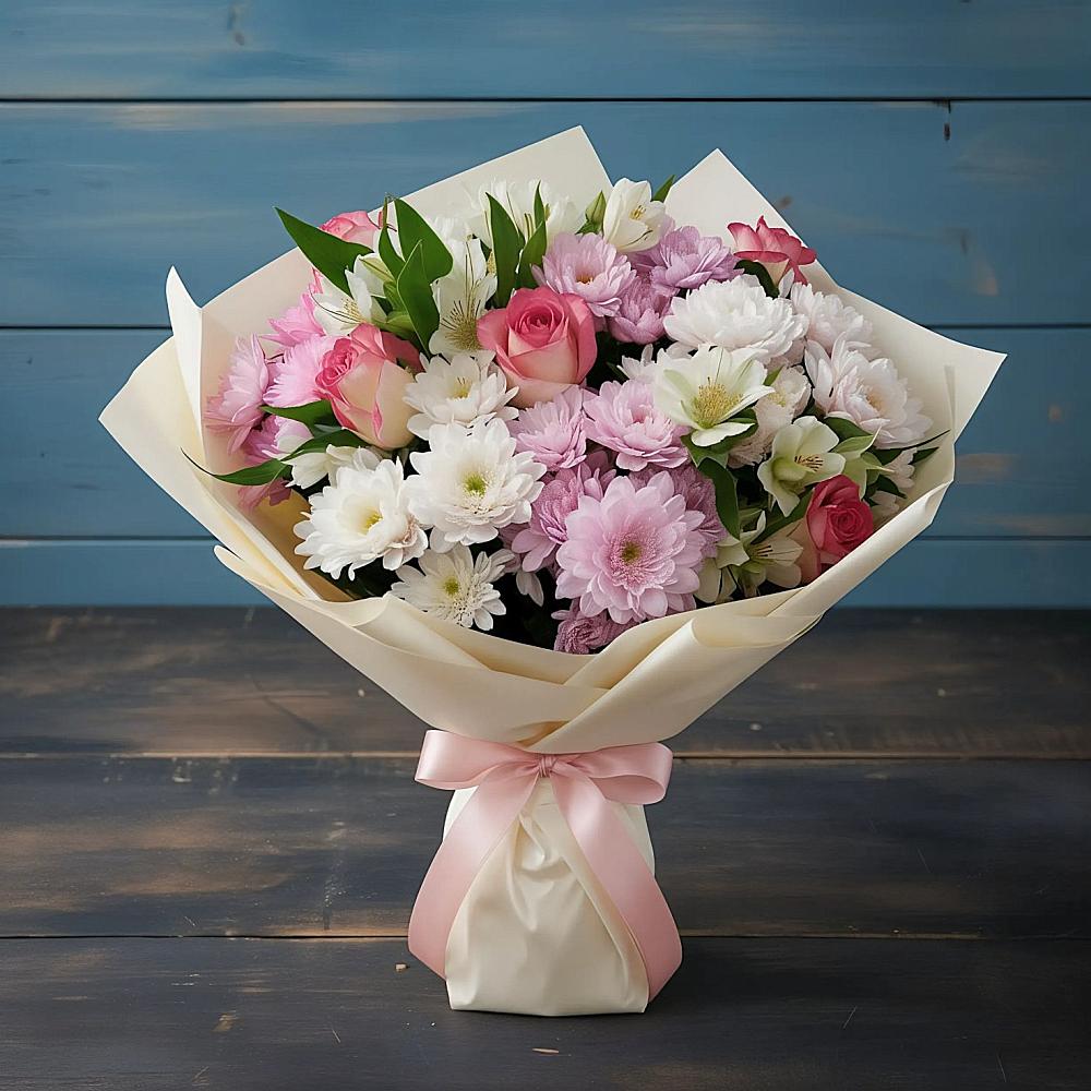 Букет цветов из: Хризантемы, Альстромерии и Розы в Мишкинской